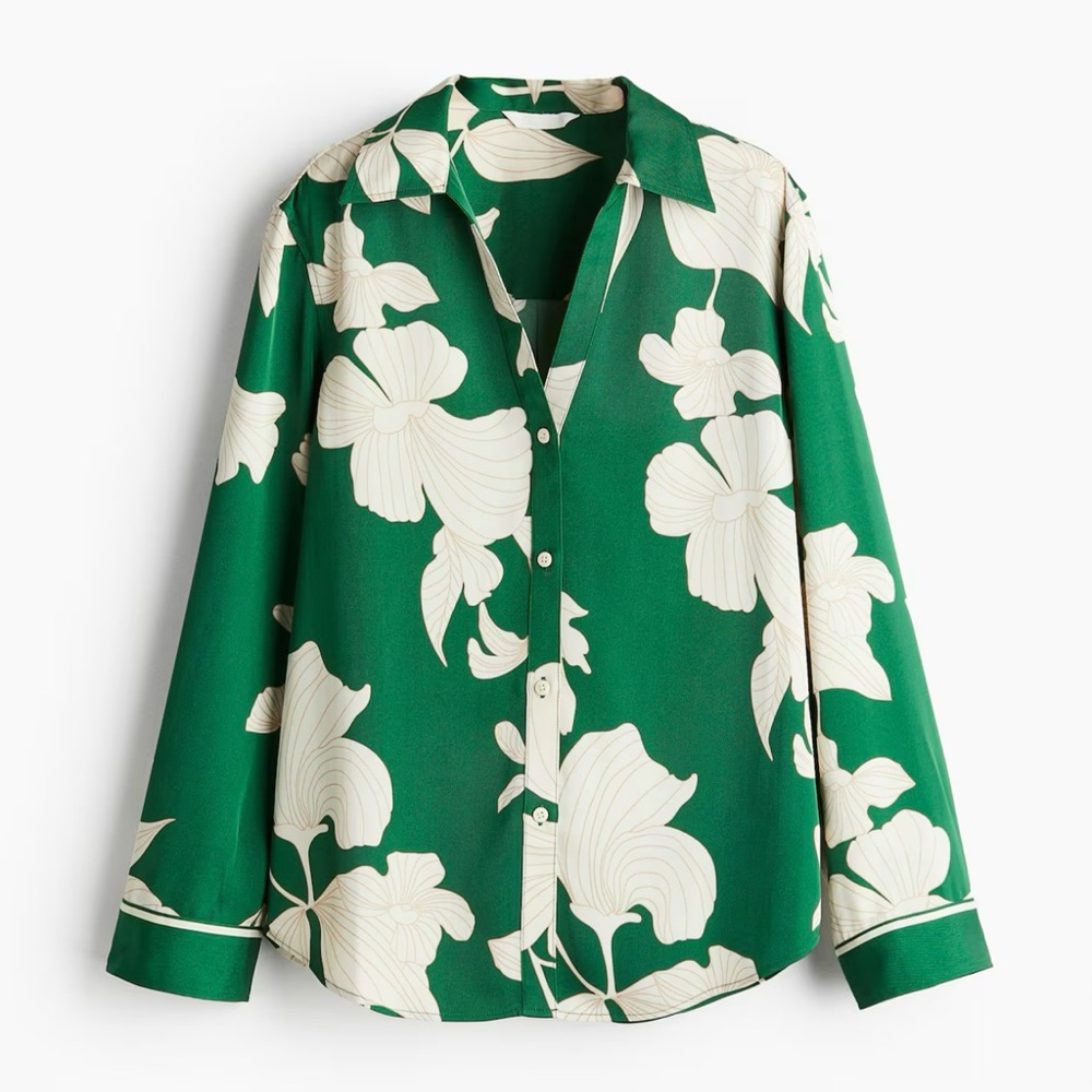 Green Floral Button-Up Blouse and Pant set, sz Large